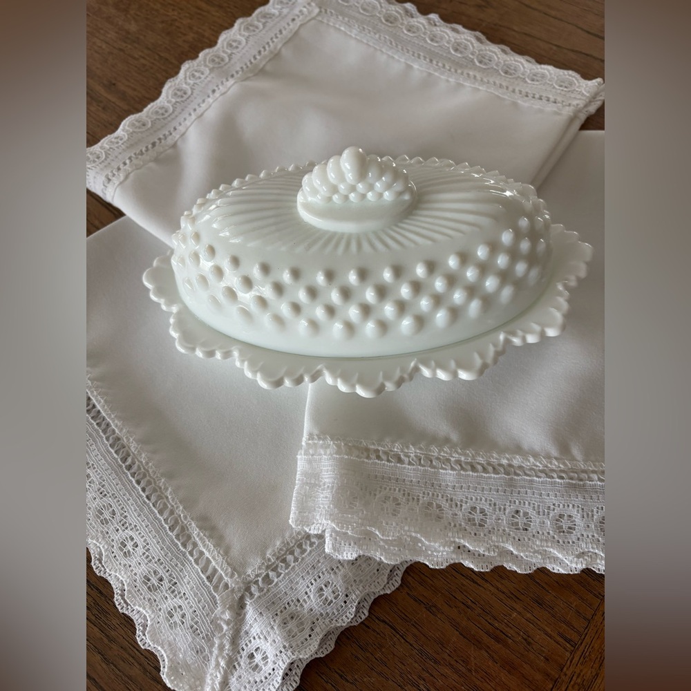 Fenton Vintage White Hobnail Covered Butter Dish